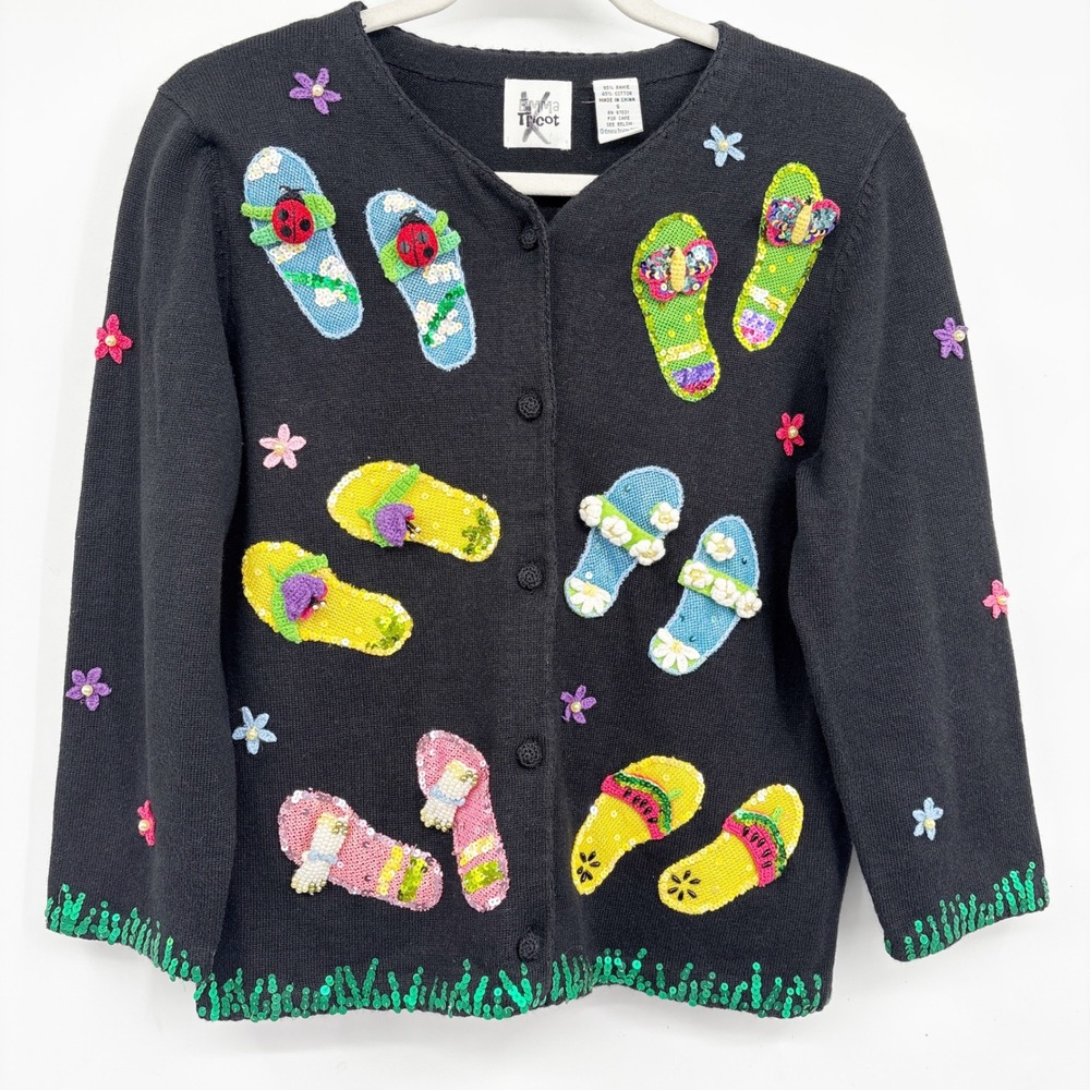 Emma Tricot Womens Vintage Flip Flop Sequin Ladybug Kitschy Cardigan Sweater S